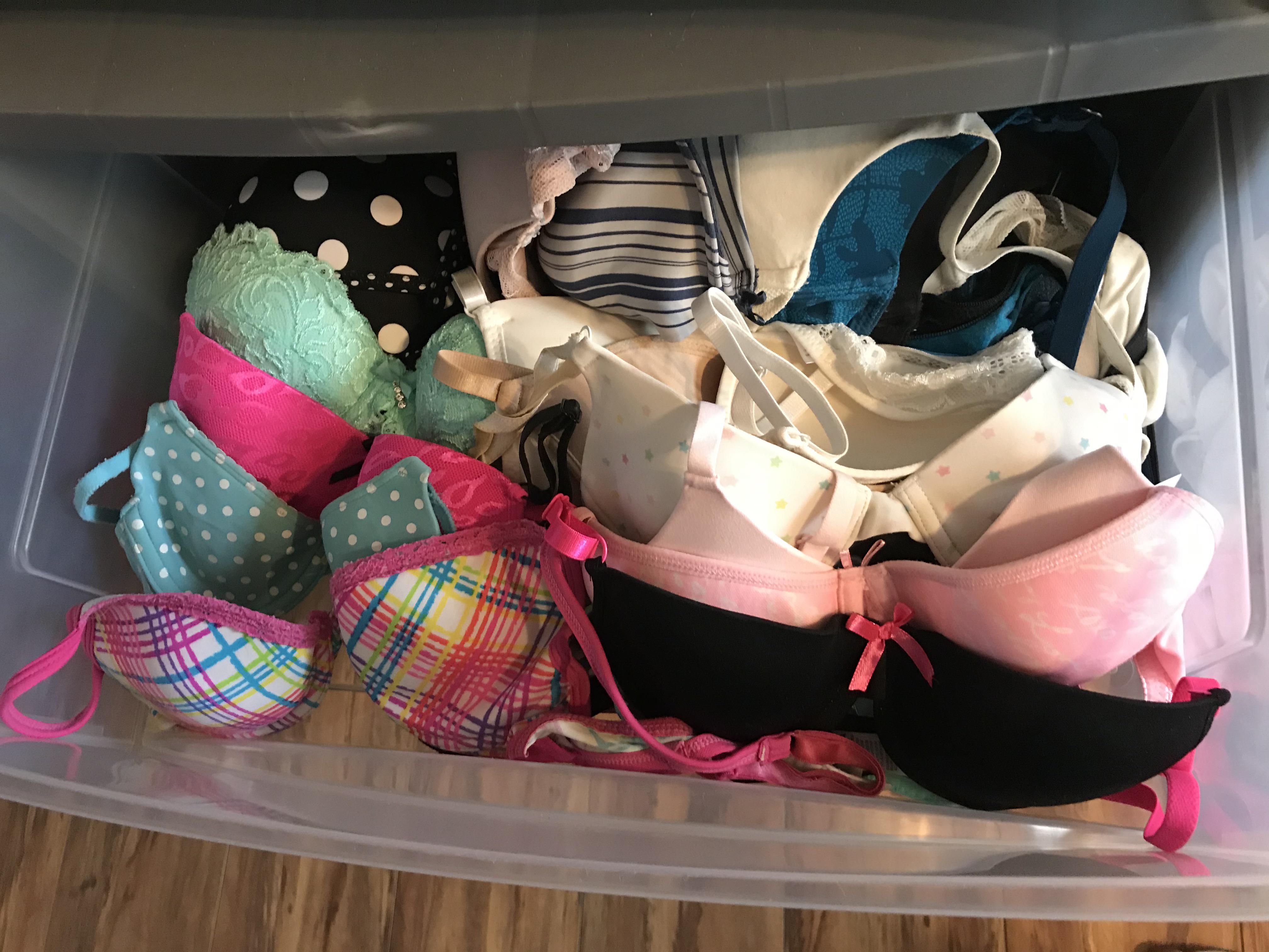 A cute, young, adorably nerdy girl's bra drawer 💝 Picture taken and posted  with her permission cause she's a bit of a show-off! (She likes to wear  these during zoom class too